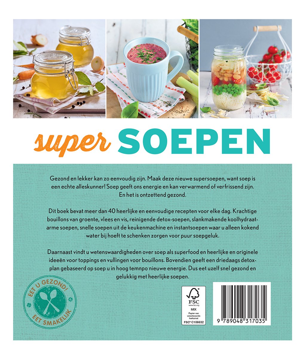 Achterkant kookboek 'Super Soepen' met afbeeldingen van soepen, groenten en ingrediënten.
