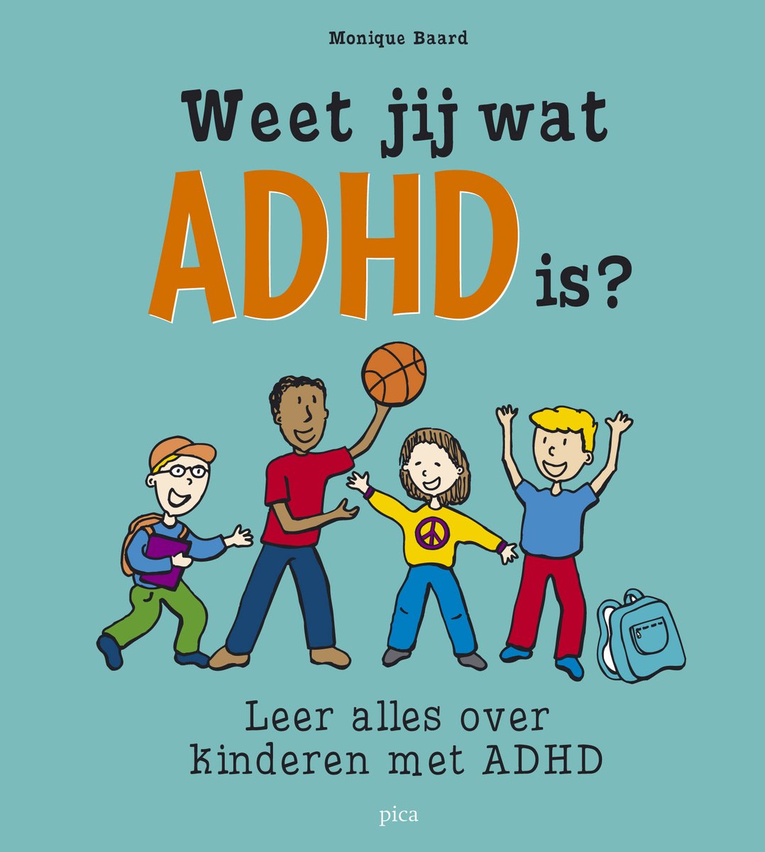 Boekomslag 'Weet jij wat ADHD is?' met vier lachende kinderen, één met bal, 'Leer alles over kinderen met ADHD'.