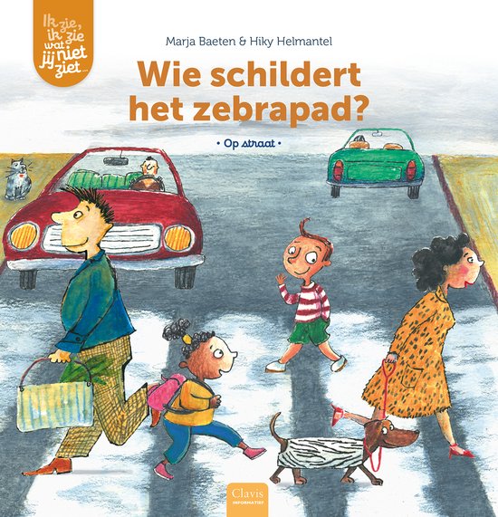 Illustratie van kinderen die een zebrapad oversteken, met auto's en een hond, onder de titel 'Wie schildert het zebrapad?'.