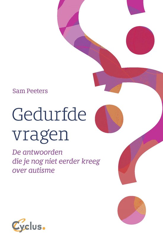 Boekomslag "Gedurfde vragen" met grote vraagtekens in paarse en roze tinten.