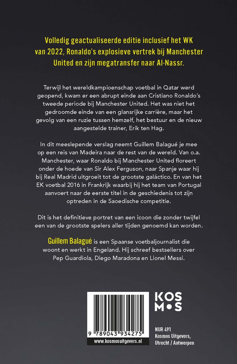 Boekomslag met tekst over Cristiano Ronaldo en een afbeelding van een barcode.
