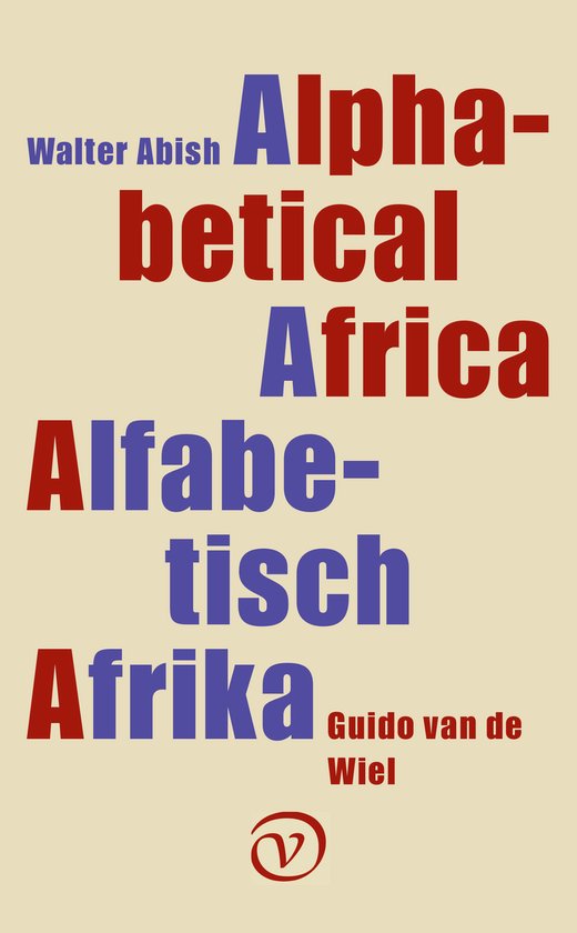 Boekomslag 'Alphabetical Africa' van Walter Abish, met rode en blauwe tekst op een crèmekleurige achtergrond.