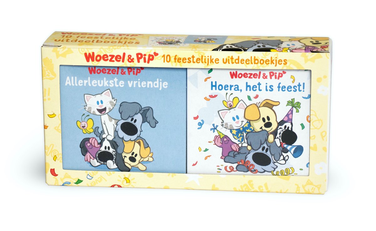 Een doos met 10 Woezel & Pip uitdeelboekjes, met twee typen boekjes, waaronder 'Hoera, het is feest!'.