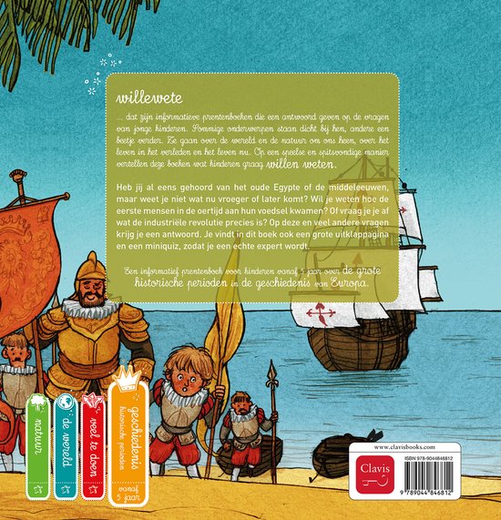 Van vroeger tot nu. Illustratie van ontdekkingsreizigers en een schip op een eiland. Boek over geschiedenis voor kinderen.