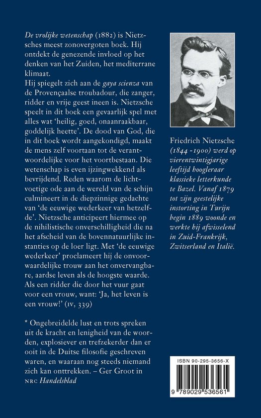 Boekpagina met een portret van Friedrich Nietzsche, tekst in het Nederlands en ISBN.