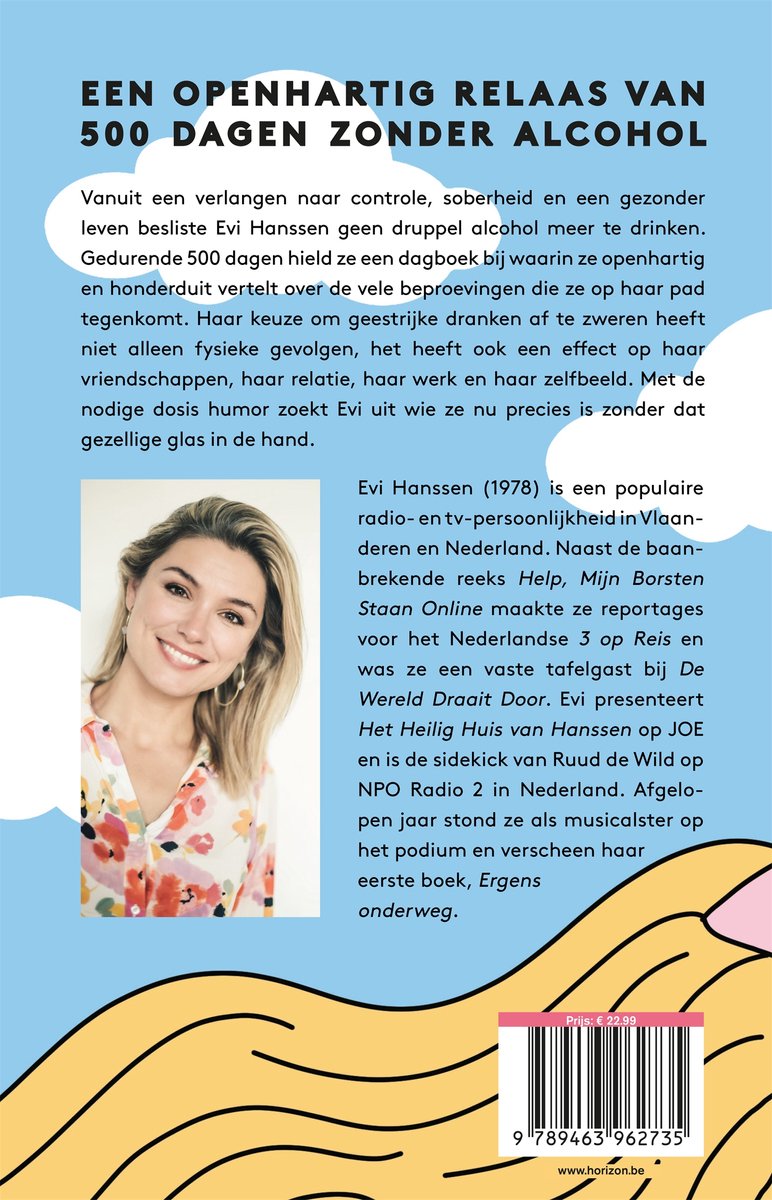 Boekcover met portret van Evi Hanssen en tekst over haar boek. Evi lacht naar de camera. Prijs: € 22,99.