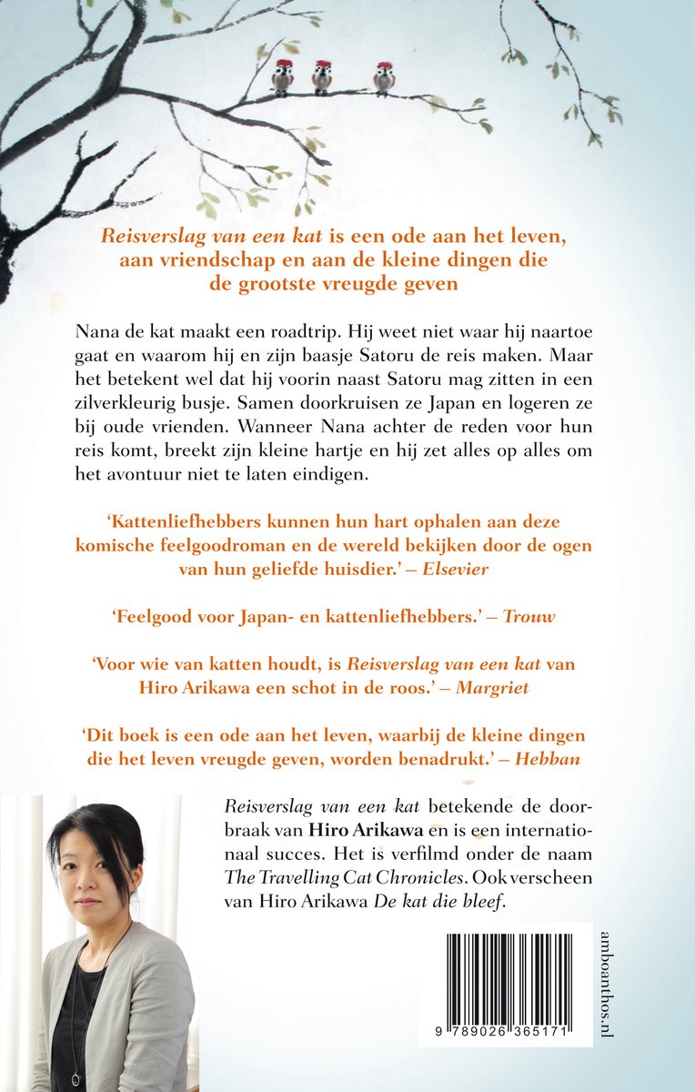Achterkant van het boek met tekst en een foto van een Aziatische vrouw.