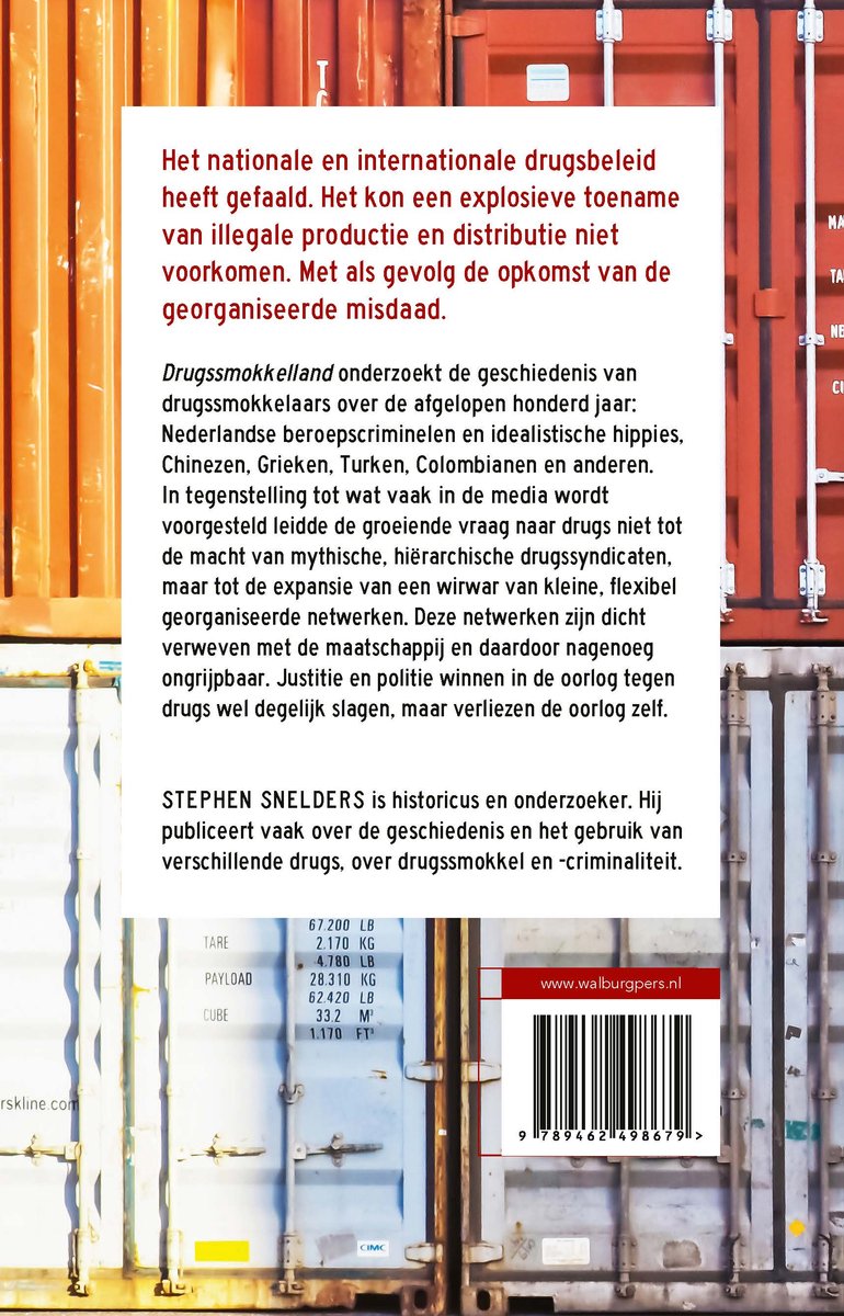 Een rode zeecontainer met tekst over drugsbeleid. Links staat 'walburgpers.nl'.