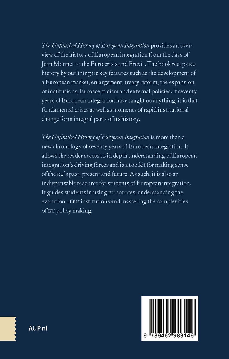 Achterkant boek met tekst over 'The Unfinished History of European Integration'. UPC-code en 'AUP.nl' onderaan.