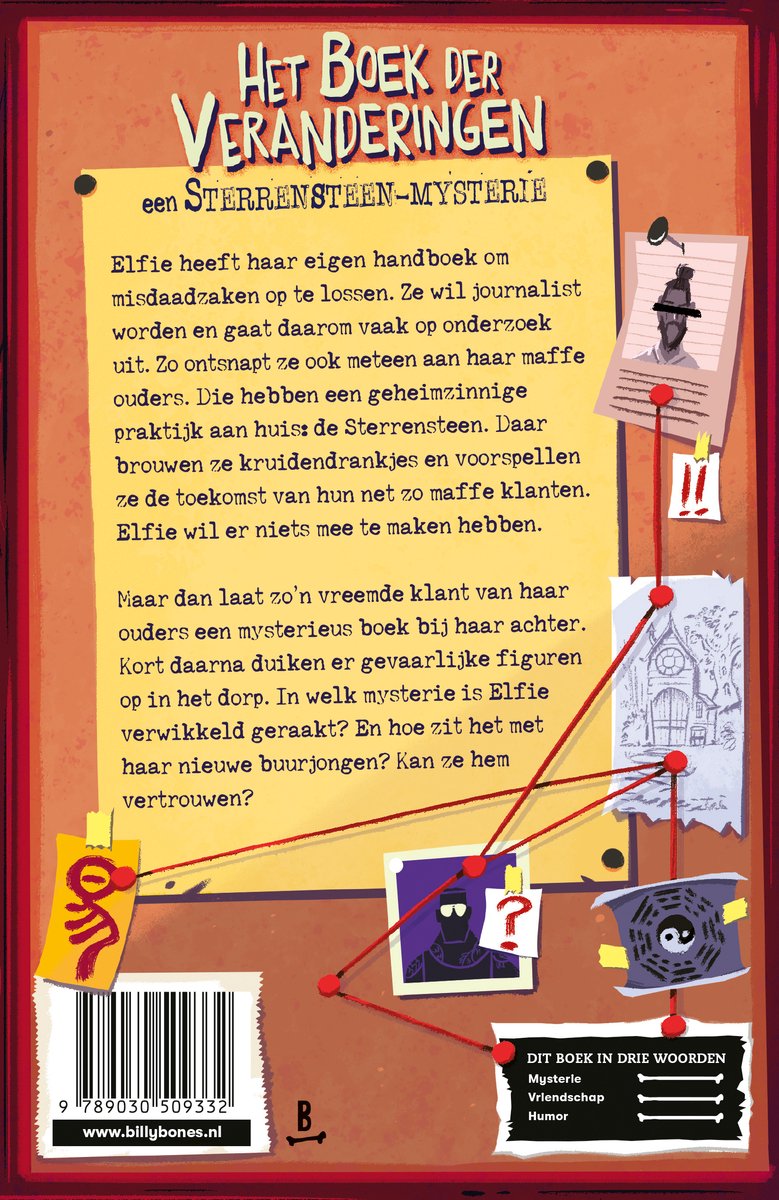 Achterkant van het boek: Beschrijving van het verhaal met een illustratie van een mysterieus huis.