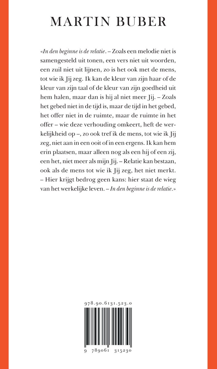 Achterkant boek 'Ik en Jij' van Martin Buber met tekst en ISBN.