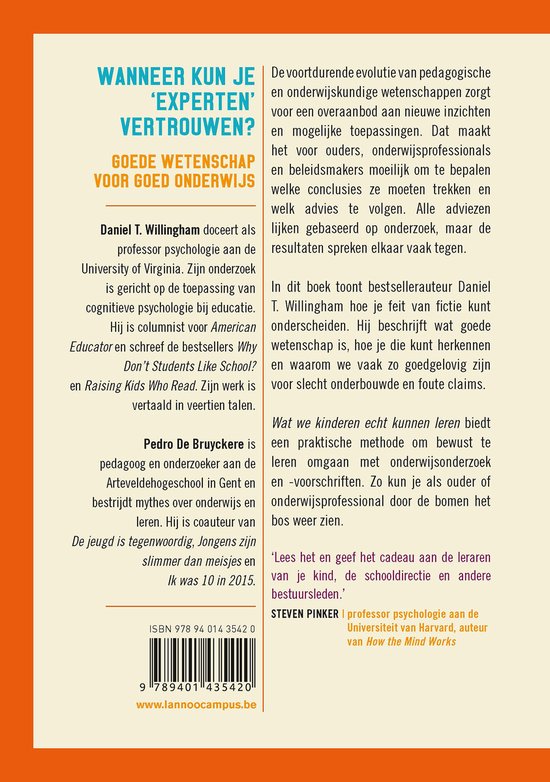 Achterkant van een boek met tekst over Daniel T. Willingham en Pedro de Bruyckere, met een ISBN en barcode.