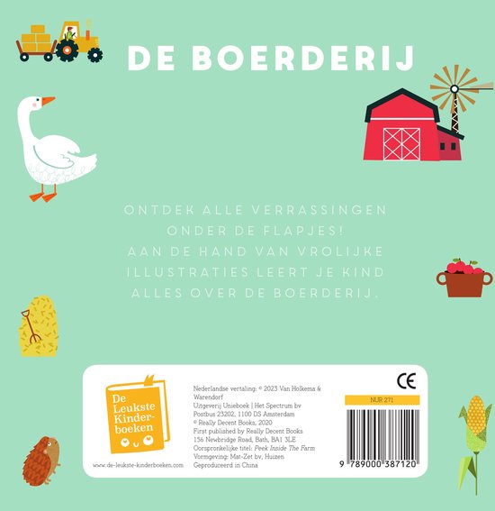 Boek 'De Boerderij' met illustraties van een tractor, boerderij, gans, hooibaal en oogst.