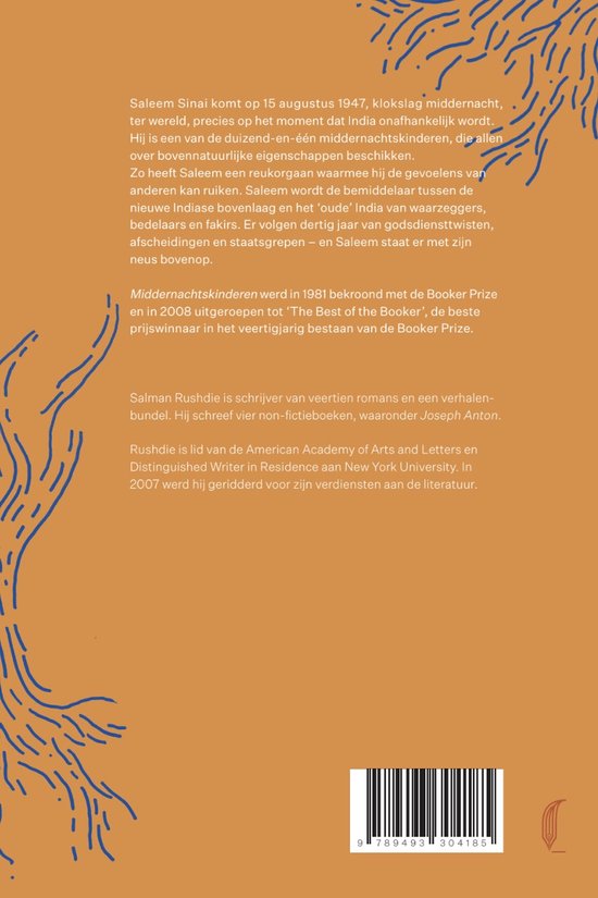 Achterkant van het boek Middernachtskinderen met tekst en een streepjescode.