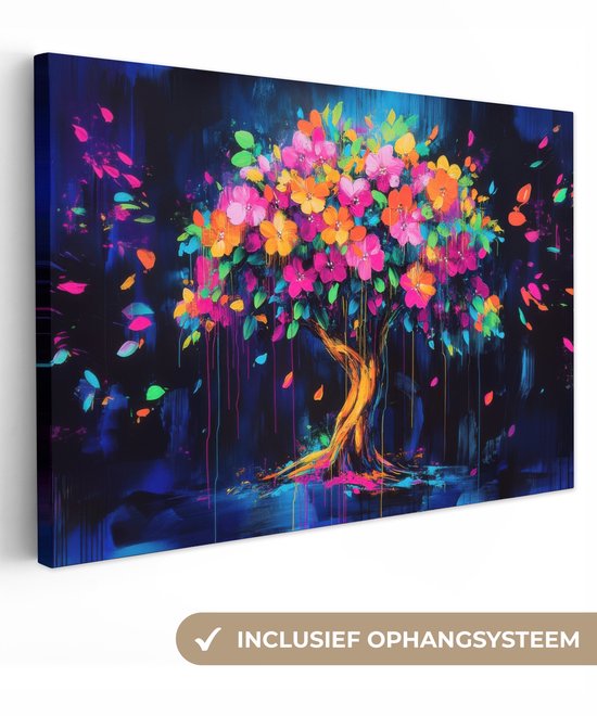 Canvas schilderij 90x60 cm - Exclusieve wanddecoratie Boom - Bloemen - Magisch - Gekleurde - Muurdecoratie woonkamer - Slaapkamer decoratie - Kamer accessoires - Schilderijen op canvas