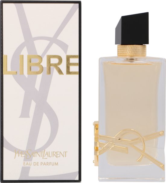 Parfumfles met gouden 'YSL'-logo en doosje met 'LIBRE' in gouden letters.