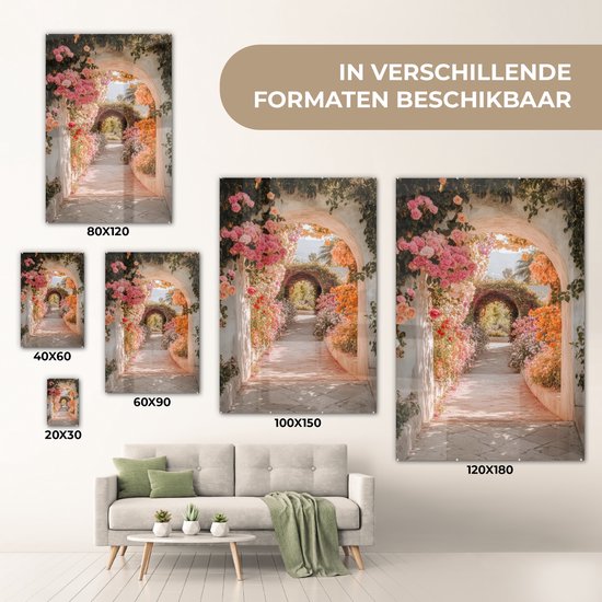 MuchoWow® Peinture sur verre 80x120 cm - Peinture sur verre acrylique - Vue à travers - Arche - Fleurs - Pastel - Photo sur verre - Décoration murale salon - Décoration murale chambre - Peintures