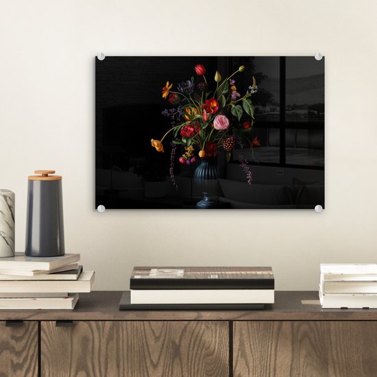 MuchoWow® Glasschilderij 30x20 cm - Schilderij acrylglas - Bloemen - Bessen - Klassiek - Foto op glas - Muurdecoratie woonkamer - Wanddecoratie slaapkamer - Schilderijen