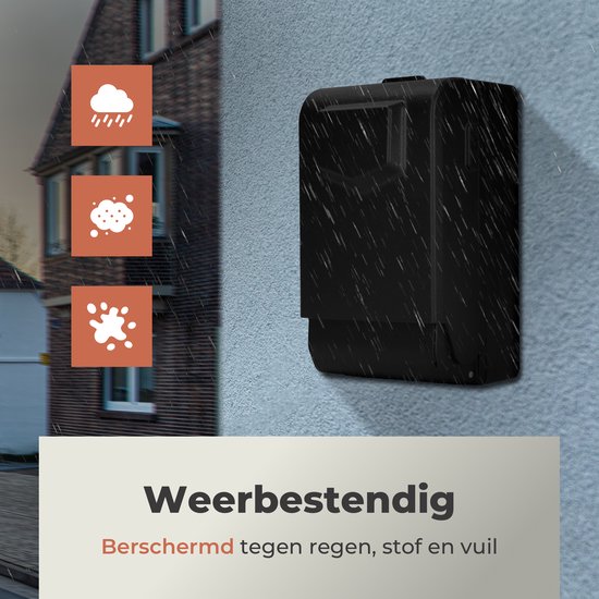 Zwarte sleutelkluis hangt aan een muur tijdens regen. Iconen voor regen, stof en vuil.