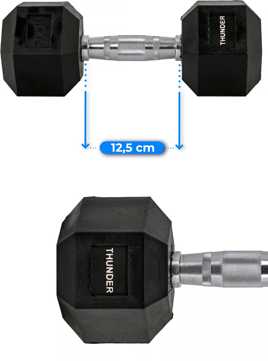 THUNDER® HEXAGONAL-DUMBBELLS-10KG Zwarte Rubberen Halter Stalen Kern Voor Krachttraining & Fitness Antislip Duurzaam & Professioneel Per Stuk - Stevige Grip – foto 5