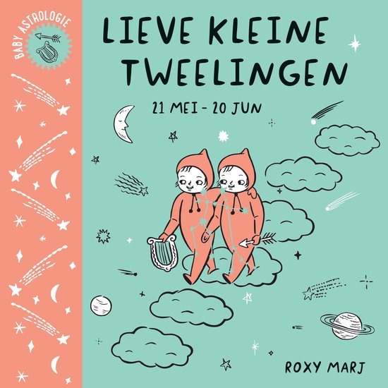 Boekje "Lieve kleine tweelingen" met illustratie van twee baby's in oranje pakjes die sterrenbeelden dragen, met de tekst "BABY ASTROLOGIE".
