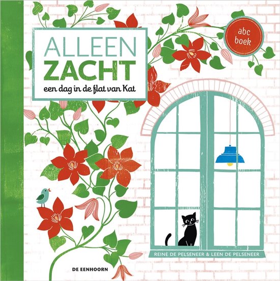 Boek 'Alleen zacht' met een zwarte kat bij een raam en rode bloemen.
