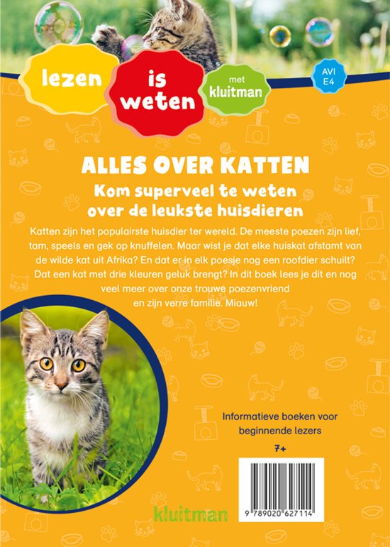 Achterkant kattenboek: Kitten kijkt naar voren. Tekst 'Alles over katten', 'Kom superveel te weten over de leukste huisdieren'.