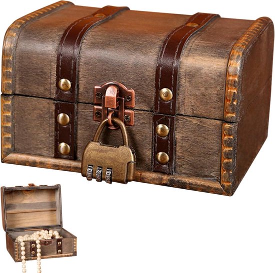 Schatkist met cijferslot: Houten Schatkist 15 x 12 x 7,5 cm, Kinderverjaardag Piratenkist Opbergdoos Vintage Voor Opslag en Decoratie