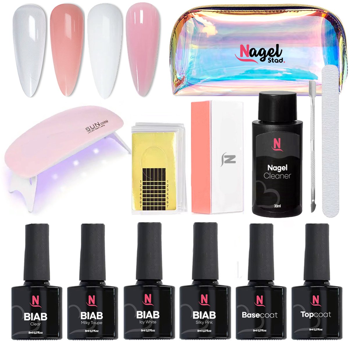 Nagelstad® BIAB Starter Pakket - Builder in a Bottle - BIAB Nagel Builder Gel - BIAB Nagellak Starterset - 4 Populairste Kleuren - HEMA & TPO Free - Inclusief Nagel Cleaner en LED Lamp