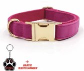 SilverAndCoco - Fel Roze Honden Halsband met Gratis Sleutelhanger | Velvet Hond Bandje met | Hondenhalsband Suède Gouden | Kleding Decoratie | Hondenbandje Huisdier - Fel Roze / Goud