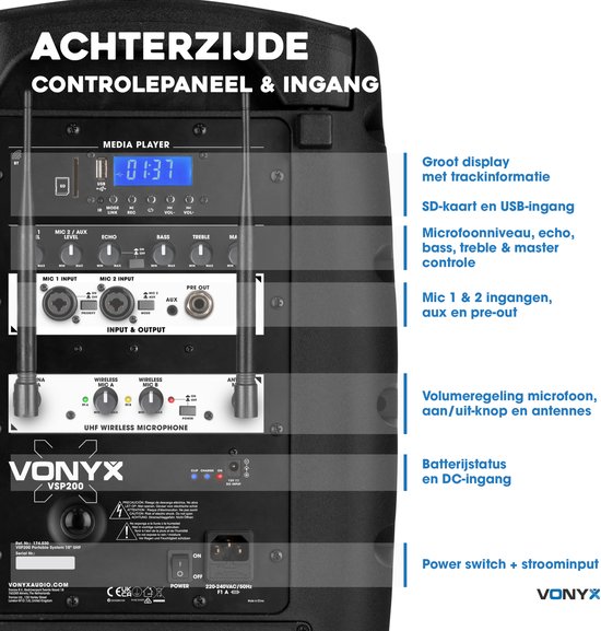 Vonyx VSP200 Portable speaker - Met 2 microfoons, beschermhoes en statief - Bluetooth - 200W van Merkloos — afbeelding 5