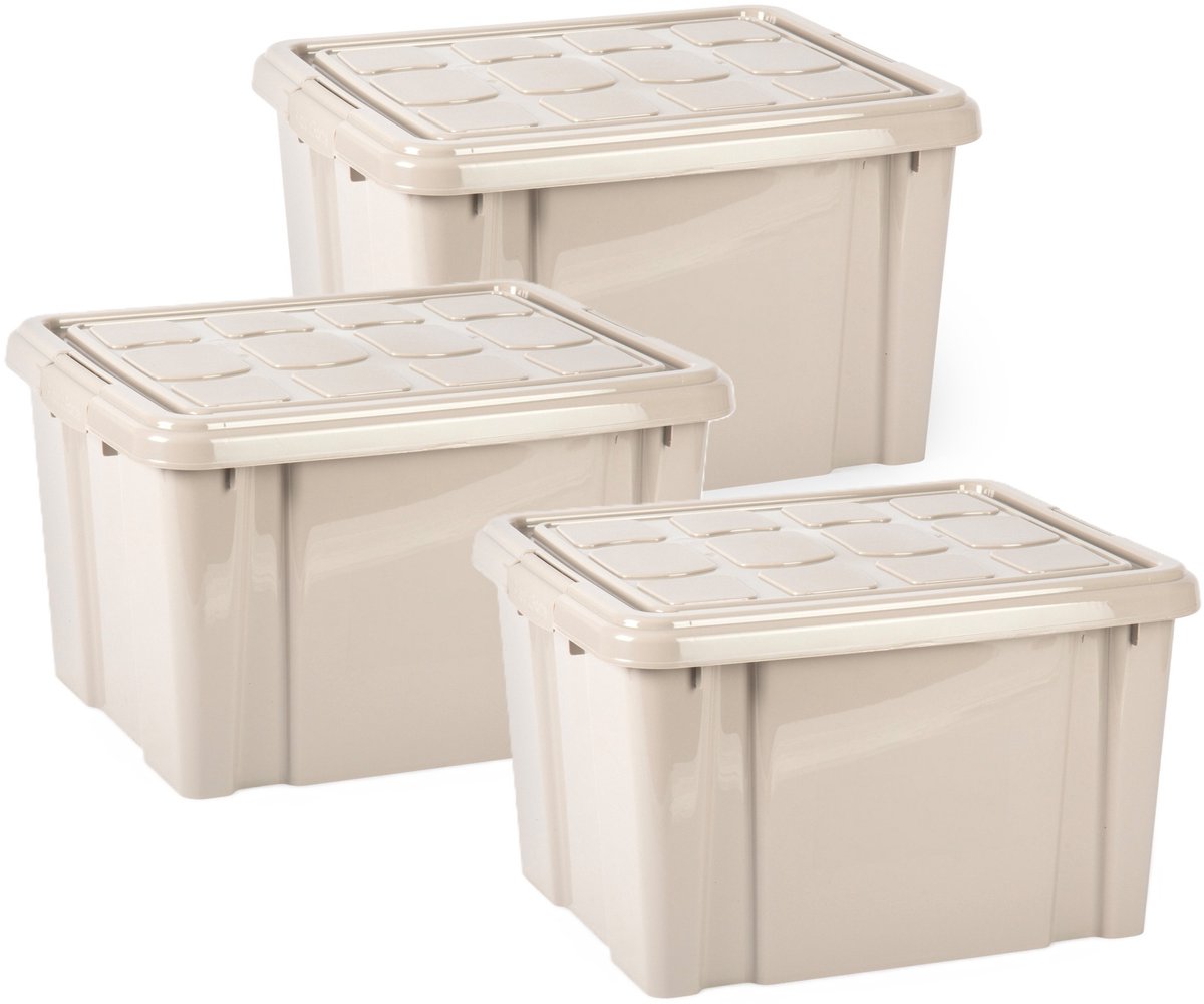 PLASTICFORTE Multi Storage Opslagbox met deksel - 3x - beige - 25 liter - L42 x B34 x H25.5 cm - kunststof - opbergdoos - opbergen