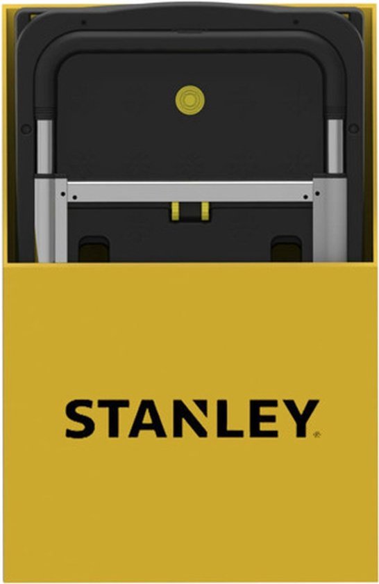 Ingeklapte Stanley platte handwagen in een gele displaydoos.