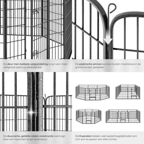 tectake®- 8-hoekige Puppyren Hondenren - 80 cm Hoog, Ø 210 cm - Robuust en Ruimtebesparend, Geschikt voor Puppy’s en Kleinere Huisdieren - Inclusief Deur met Dubbele Vergrendeling en Montagehandleiding