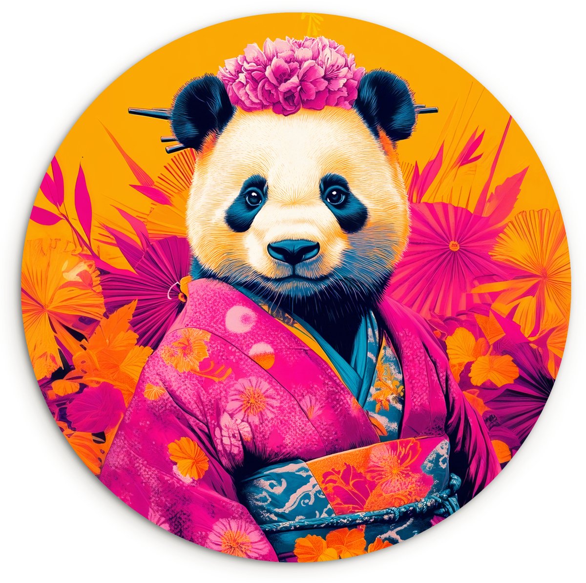WallCircle Wandcirkel 140x140 cm - Muurcirkel Kimono - Roze - Panda - Bloemenkroon - Muurdecoratie woonkamer - Wanddecoratie slaapkamer - Kamer decoratie accessoires - Ronde schilderijen