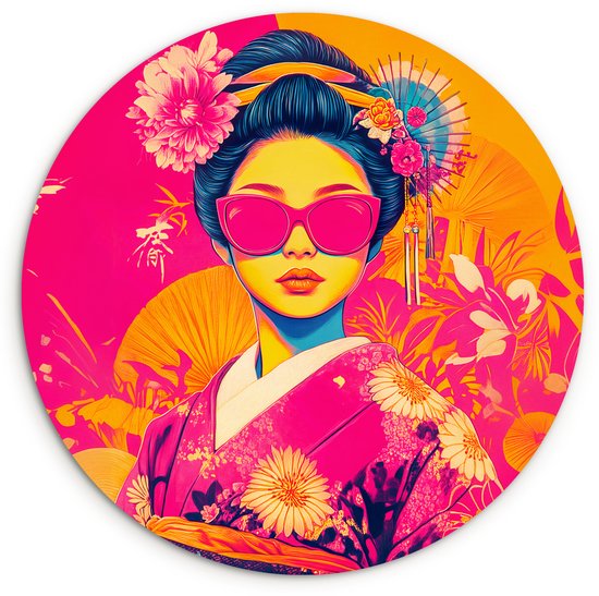 WallCircle® Wandcirkel 60x60 cm - Muurcirkel Vrouw - Zonnebril - Abstract - Oranje - Muurdecoratie woonkamer - Wanddecoratie slaapkamer - Kamer decoratie accessoires - Ronde schilderijen