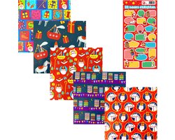 Product afbeelding van XXL Sinterklaas Cadeaupapier – Set van 4 Rollen – 5 Meter per Rol – 4 Verschillende Designs – Inclusief 1 Vel Naamstickers