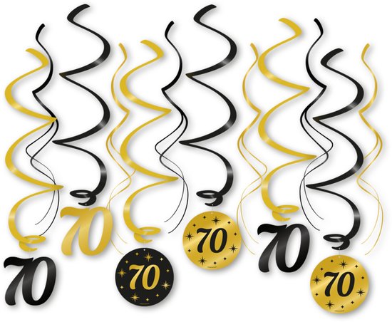 Zwart-gouden swirl decoraties met '70' cijfers en ronde hangers met '70'.
