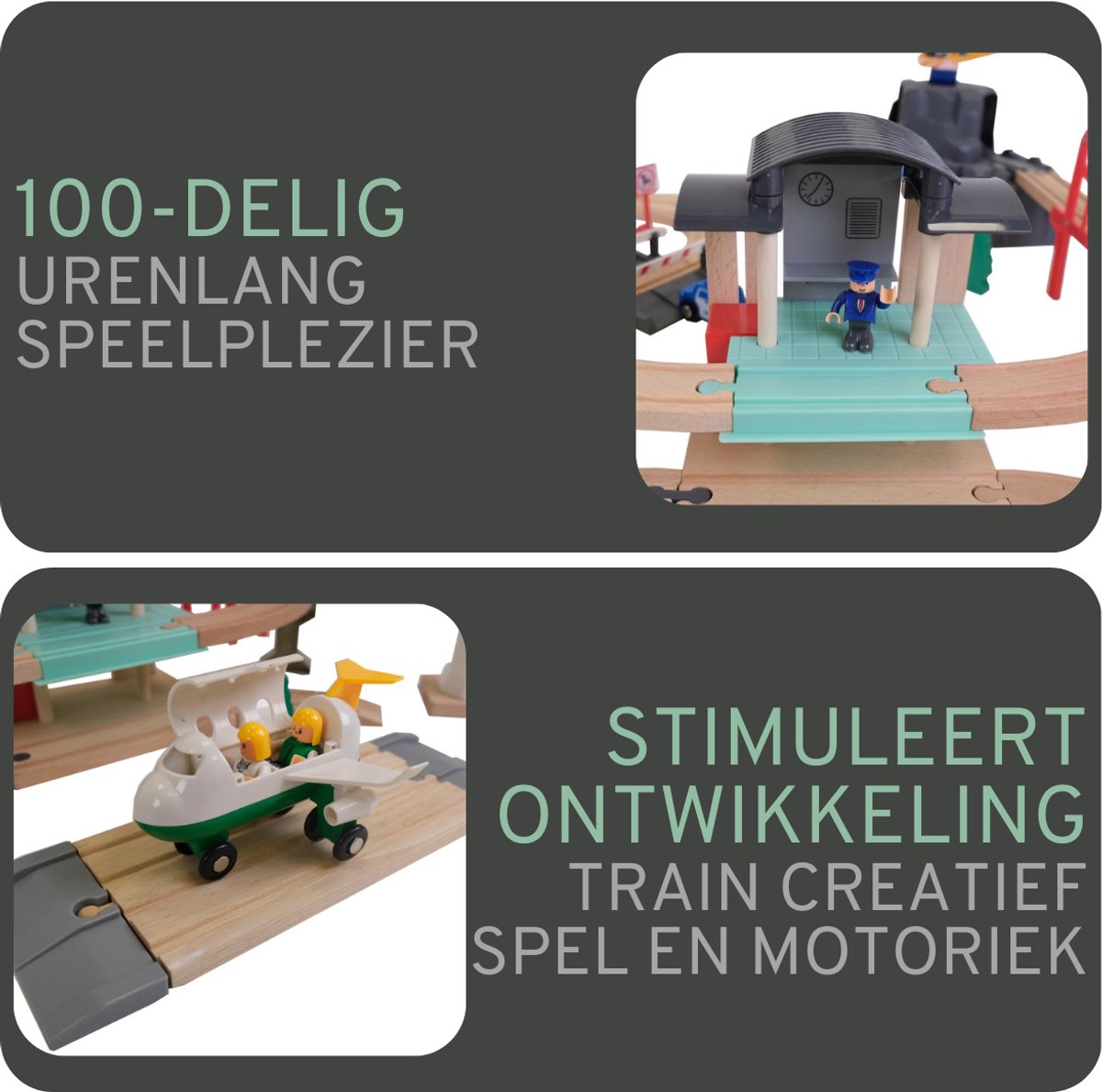 Bandits & Angels Houten Treinset Transport Thema 100 delig vanaf 3 jaar voor Jongens en Meisjes - Trein Set van Hout inclusief Accessoires - 100 delen - Houten Treinbaan met Trein, Hijskraan, Vliegtuig, Helikopter — afbeelding 13