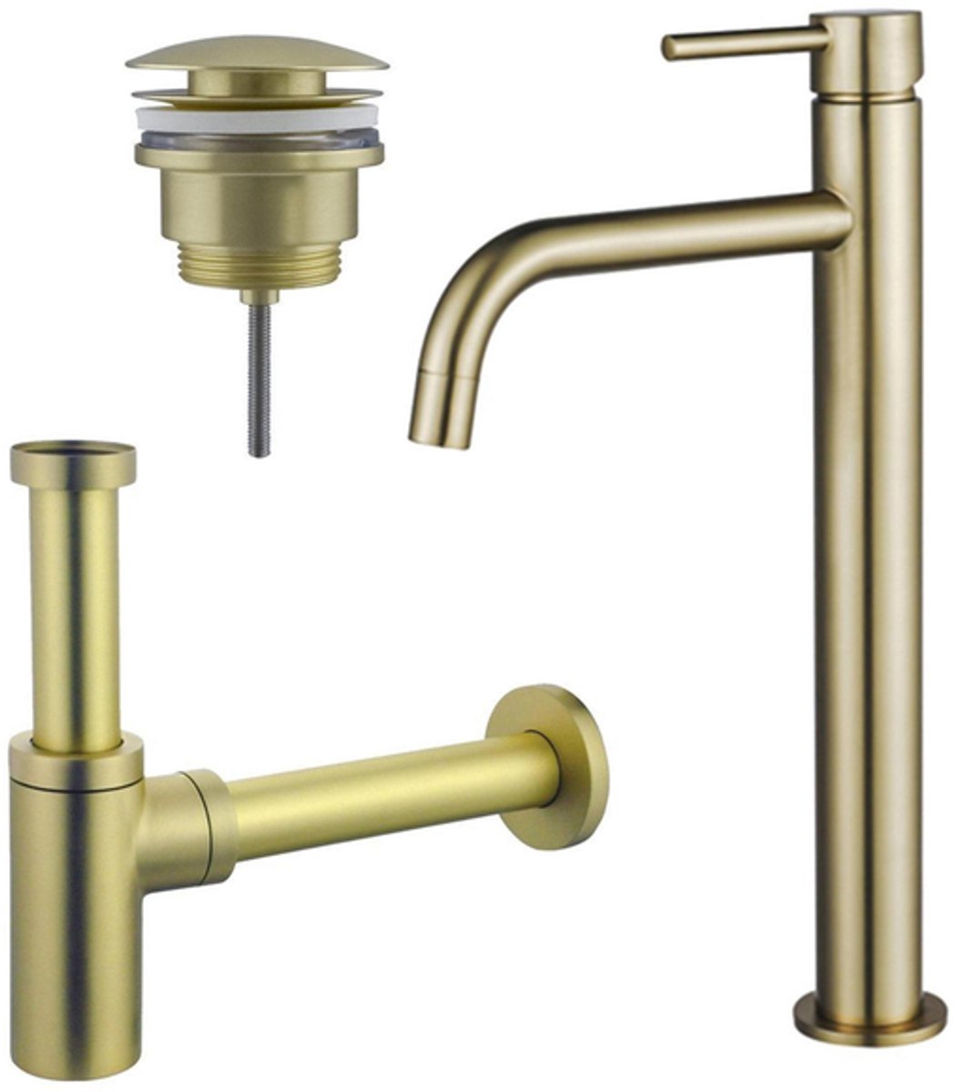 FugaFlow Eccelente Sobrado Badkamer Slim Wastafelkraanset - verhoogde wastafelkraan - klikwaste plug - design sifon - PVD Geborsteld Messing