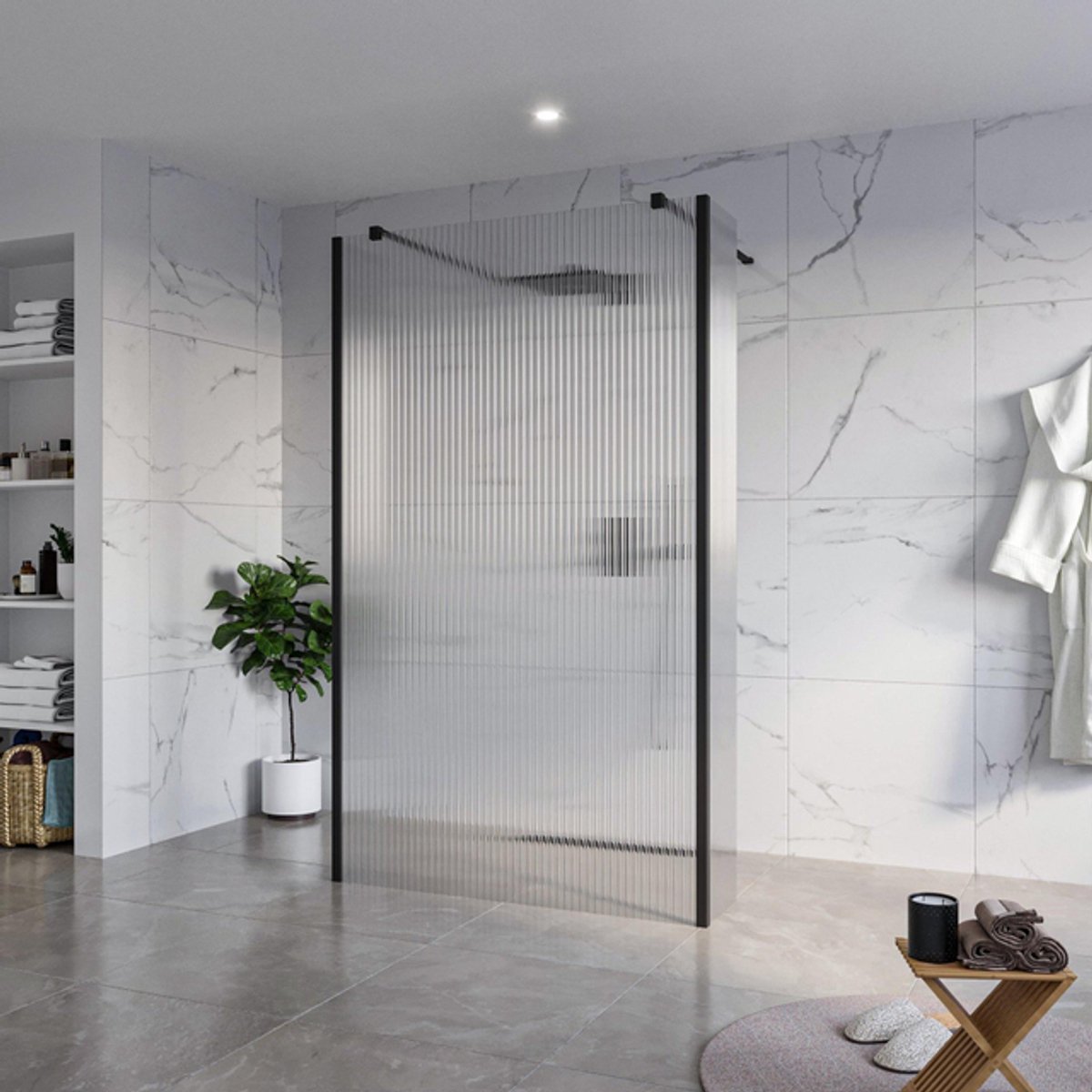 FugaFlow Eccelente Vetro Vrijstaande inloopdouche badkamer - 120x200cm - Helder geribbeld - antikalk - 8mm veiligheidsglas - 2 zijwanden 40cm - met wandarmen en hoekprofielen - Zwart mat -