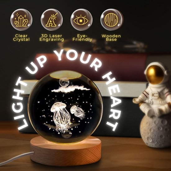 3D Kristallen Bal Jellyfish - Nachtlampje - LED Glas Licht Hologram lamp met Massief Houten Basis - Nachtlamp - Cadeau idee - Verlichting - USB aansluiting - Woondecoratie van Merkloos — afbeelding 4