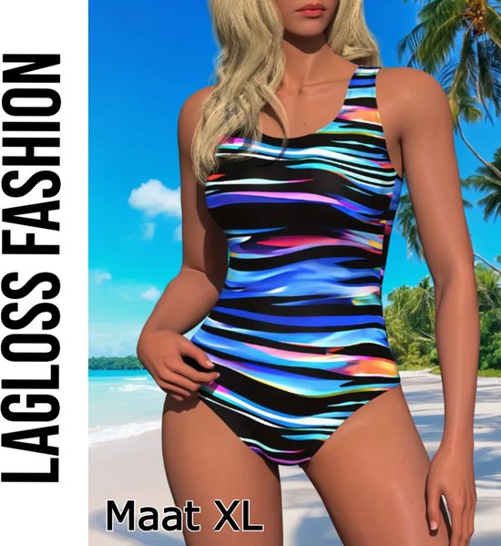 Maillot de bain LaGloss® Design abstrait multicolore – Maillot de bain une pièce pour femme avec effet gainant et Bracelets réglables – Taille XL