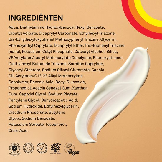 Ingrediëntenlijst en keurmerken voor P20 Sensitive: Dermatologisch getest, fragranc-free, vegan, UVA superior.