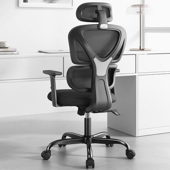 Hbada Ergonomische bureaustoel met verstelbare hoofdsteun en lendensteun, comfortabel veerzitkussen voor ondersteuning van computerstoel met kantelfunctie, draaibare meshstoel met voetensteun