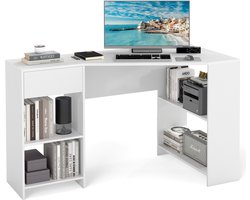 COSTWAY L-vormig bureau, hoekbureau met lade en planken, moderne computertafel, hoektafel voor thuiskantoor, wit