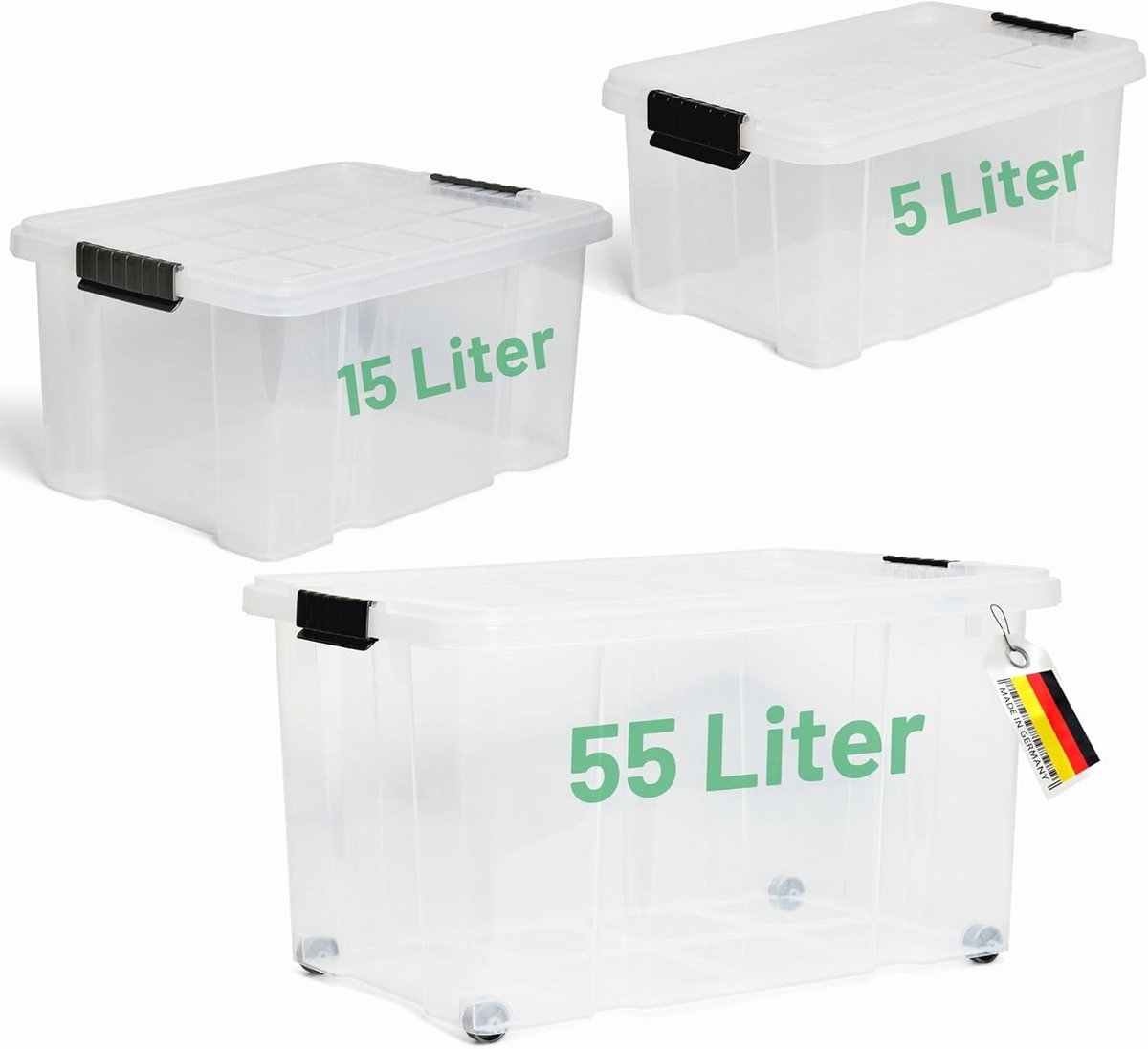 Novaliv 3-delige set opbergdoos met deksel Transparant 1x 55 L + 1x 15 L + 1x 5 L Nestbaar stapelbaar met clipsluiting Roldozen BPA-vrij