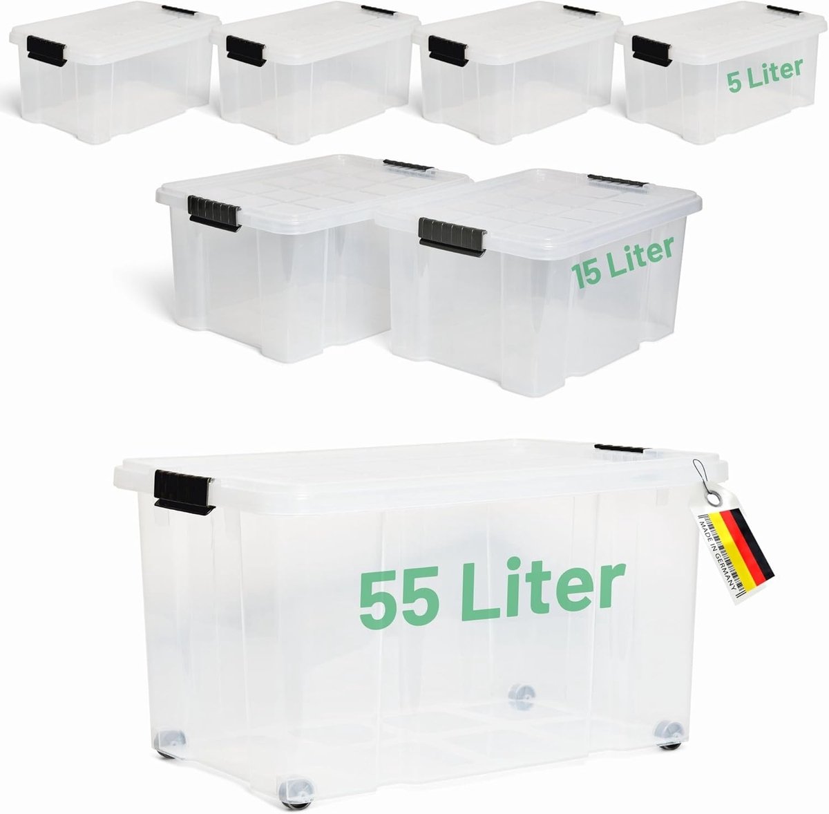 Novaliv 7-delige set opbergdozen met deksel, transparant, 1x55 L + 2x 15 L + 4x 5 L, nestbaar, stapelbaar, clipsluiting, roldozen, BPA-vrij