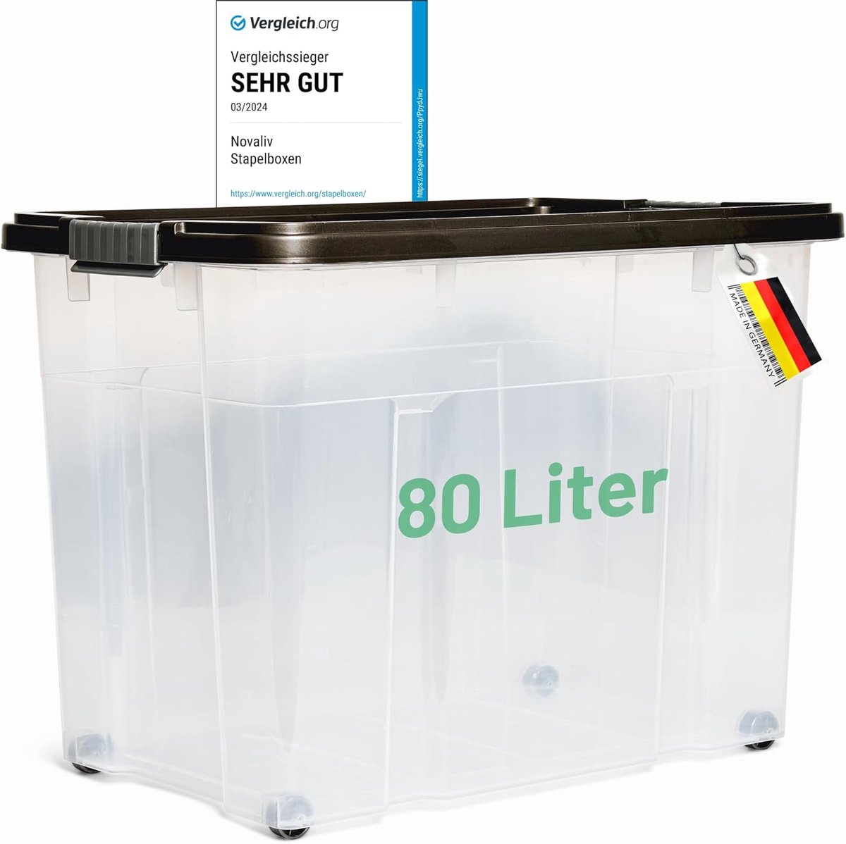 Novaliv XXL opbergbox met deksel, groot, 80L, antraciet, nestbaar, stapelbare kunststof box met clipsluiting, Eurobox met deksel, BPA-vrij, 61x40x45 cm