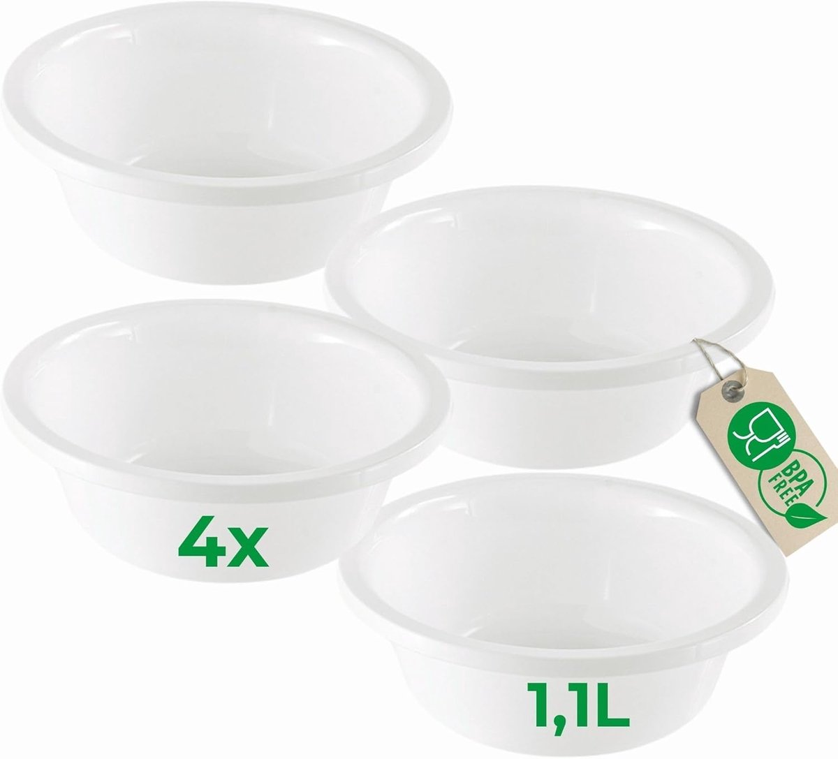 Novaliv 4x Ronde Afwaskommen 1,1L, D20 cm, Wit, BPA-vrij, Vaatwasserbestendig, Ideaal voor keuken en camping, kleine ronde kom, kleine plastic kom, kleine waskom, plastic kom